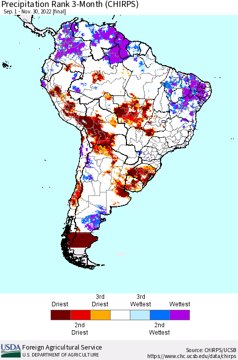 South America Precipitation Rank since 1981, 3-Month (CHIRPS) Thematic Map For 9/1/2022 - 11/30/2022