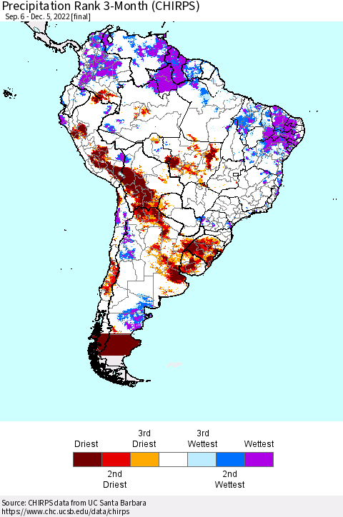 South America Precipitation Rank since 1981, 3-Month (CHIRPS) Thematic Map For 9/6/2022 - 12/5/2022