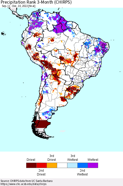 South America Precipitation Rank since 1981, 3-Month (CHIRPS) Thematic Map For 9/11/2022 - 12/10/2022