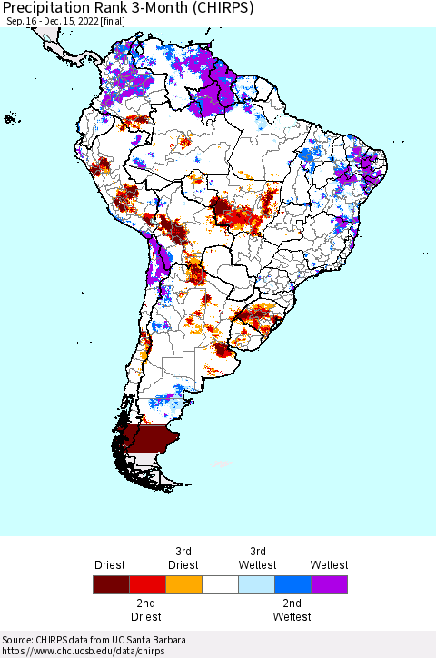 South America Precipitation Rank since 1981, 3-Month (CHIRPS) Thematic Map For 9/16/2022 - 12/15/2022
