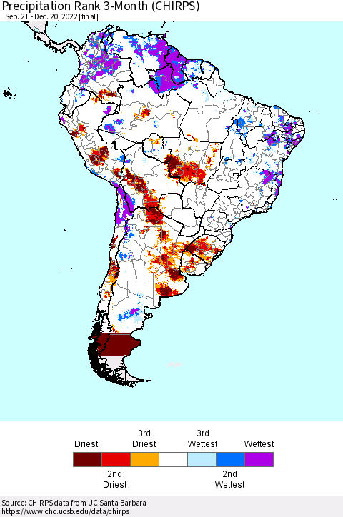 South America Precipitation Rank since 1981, 3-Month (CHIRPS) Thematic Map For 9/21/2022 - 12/20/2022