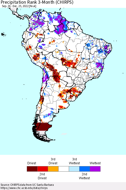 South America Precipitation Rank since 1981, 3-Month (CHIRPS) Thematic Map For 9/26/2022 - 12/25/2022