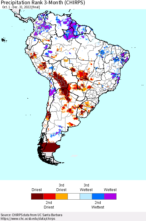 South America Precipitation Rank since 1981, 3-Month (CHIRPS) Thematic Map For 10/1/2022 - 12/31/2022