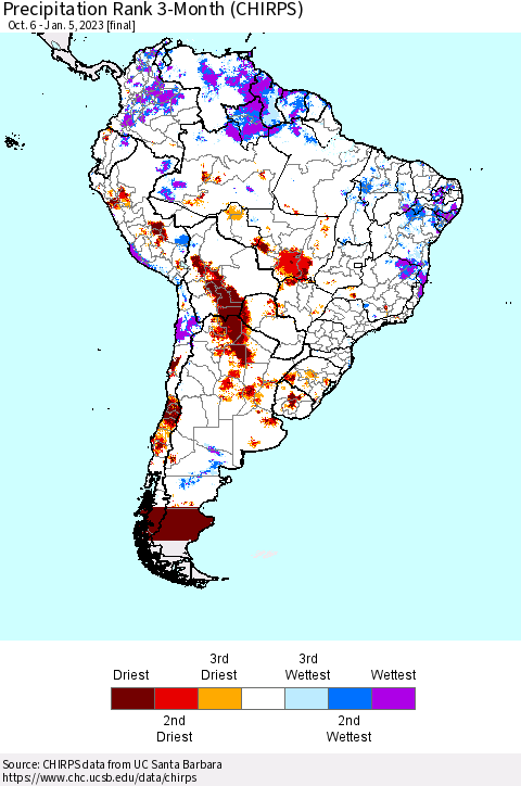 South America Precipitation Rank since 1981, 3-Month (CHIRPS) Thematic Map For 10/6/2022 - 1/5/2023