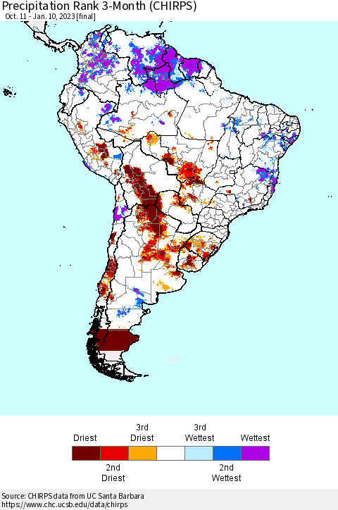 South America Precipitation Rank since 1981, 3-Month (CHIRPS) Thematic Map For 10/11/2022 - 1/10/2023