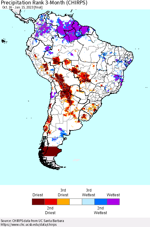 South America Precipitation Rank since 1981, 3-Month (CHIRPS) Thematic Map For 10/16/2022 - 1/15/2023