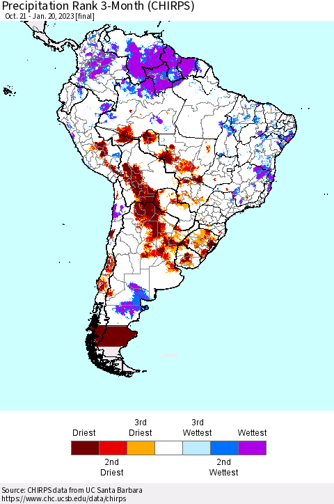 South America Precipitation Rank since 1981, 3-Month (CHIRPS) Thematic Map For 10/21/2022 - 1/20/2023