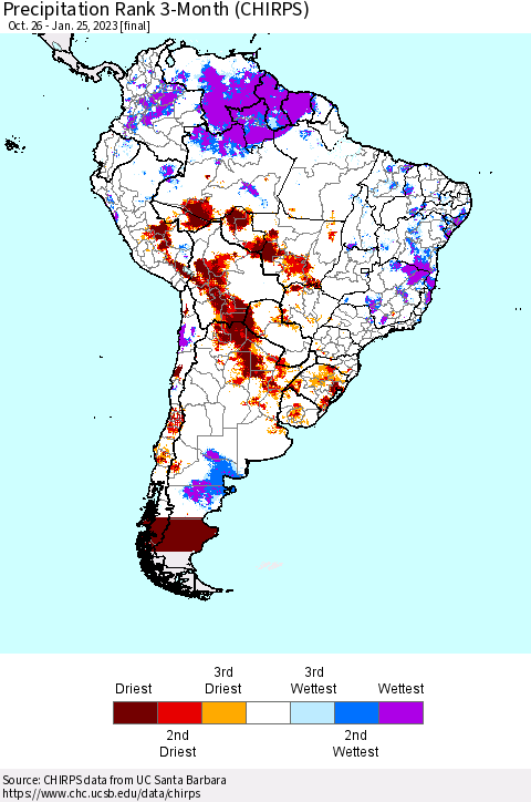 South America Precipitation Rank since 1981, 3-Month (CHIRPS) Thematic Map For 10/26/2022 - 1/25/2023