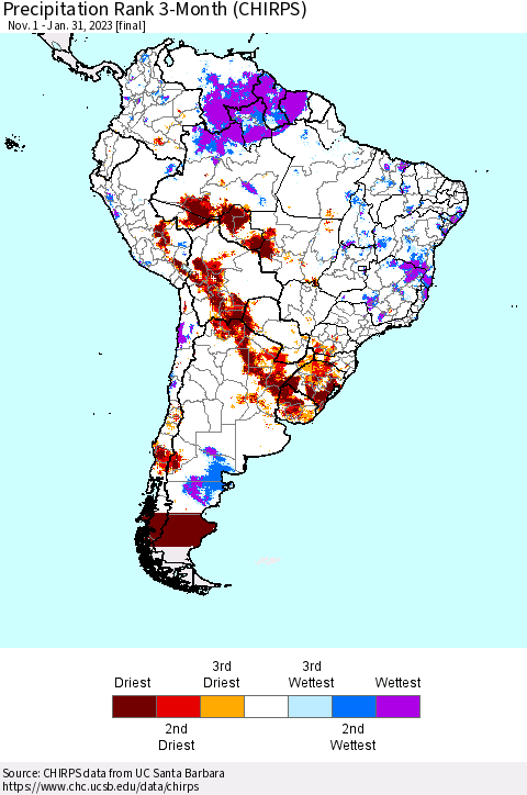 South America Precipitation Rank since 1981, 3-Month (CHIRPS) Thematic Map For 11/1/2022 - 1/31/2023