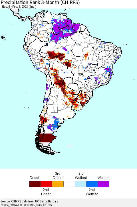 South America Precipitation Rank since 1981, 3-Month (CHIRPS) Thematic Map For 11/6/2022 - 2/5/2023