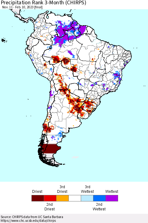 South America Precipitation Rank since 1981, 3-Month (CHIRPS) Thematic Map For 11/11/2022 - 2/10/2023