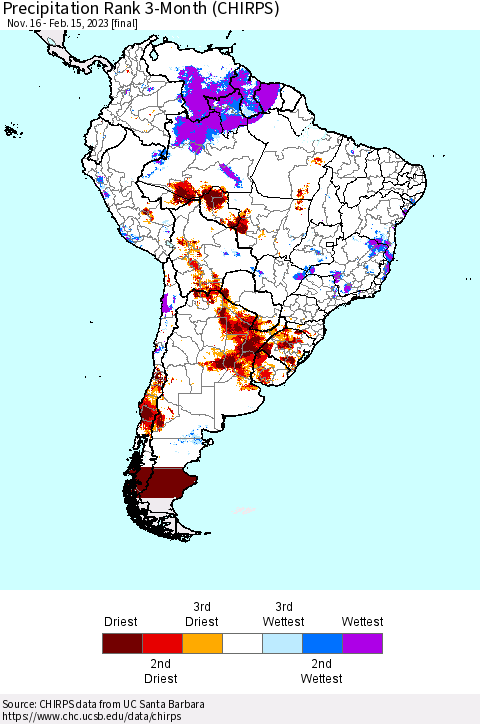 South America Precipitation Rank since 1981, 3-Month (CHIRPS) Thematic Map For 11/16/2022 - 2/15/2023