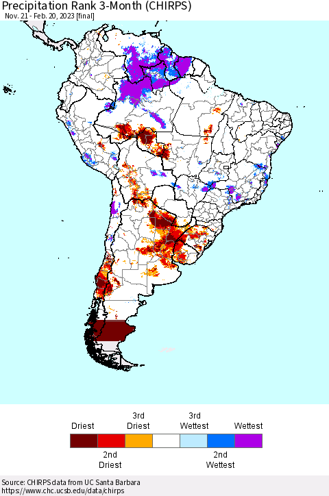 South America Precipitation Rank since 1981, 3-Month (CHIRPS) Thematic Map For 11/21/2022 - 2/20/2023