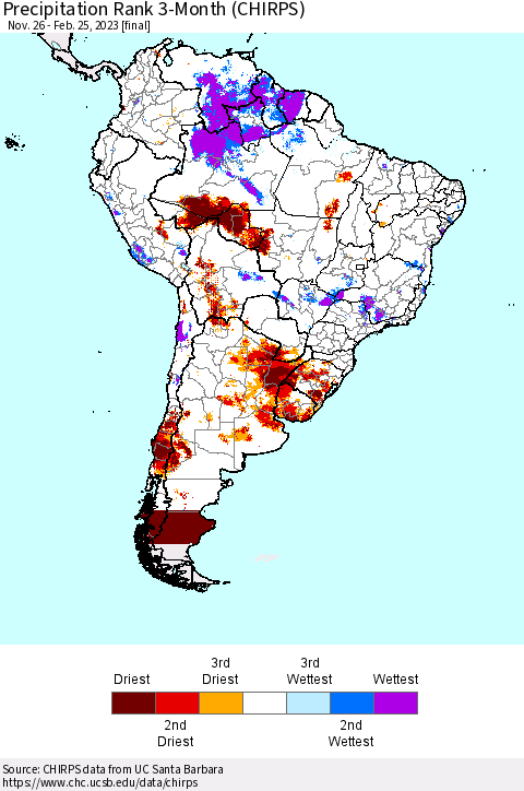 South America Precipitation Rank since 1981, 3-Month (CHIRPS) Thematic Map For 11/26/2022 - 2/25/2023