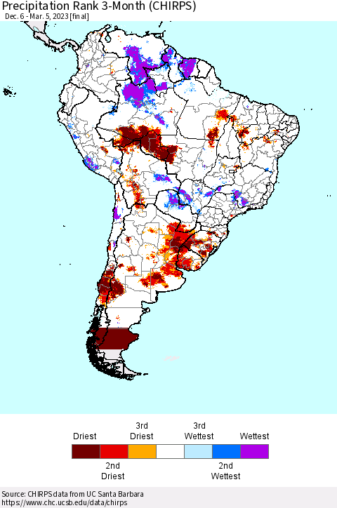 South America Precipitation Rank since 1981, 3-Month (CHIRPS) Thematic Map For 12/6/2022 - 3/5/2023