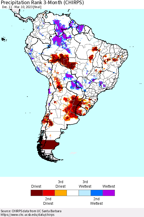 South America Precipitation Rank since 1981, 3-Month (CHIRPS) Thematic Map For 12/11/2022 - 3/10/2023