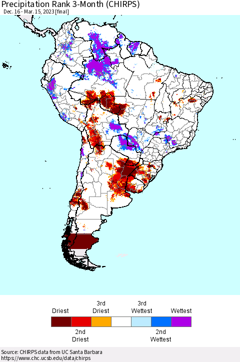 South America Precipitation Rank since 1981, 3-Month (CHIRPS) Thematic Map For 12/16/2022 - 3/15/2023