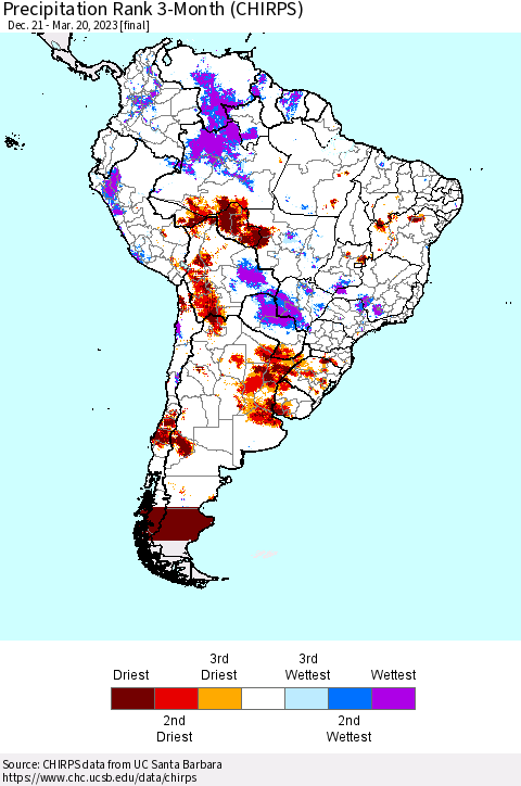 South America Precipitation Rank since 1981, 3-Month (CHIRPS) Thematic Map For 12/21/2022 - 3/20/2023