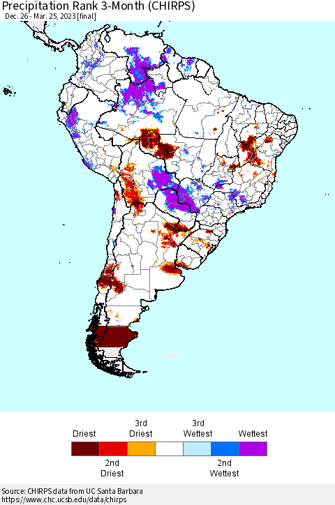 South America Precipitation Rank since 1981, 3-Month (CHIRPS) Thematic Map For 12/26/2022 - 3/25/2023