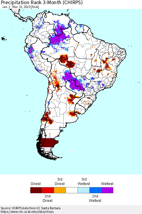 South America Precipitation Rank since 1981, 3-Month (CHIRPS) Thematic Map For 1/1/2023 - 3/31/2023