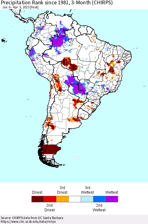 South America Precipitation Rank since 1981, 3-Month (CHIRPS) Thematic Map For 1/6/2023 - 4/5/2023
