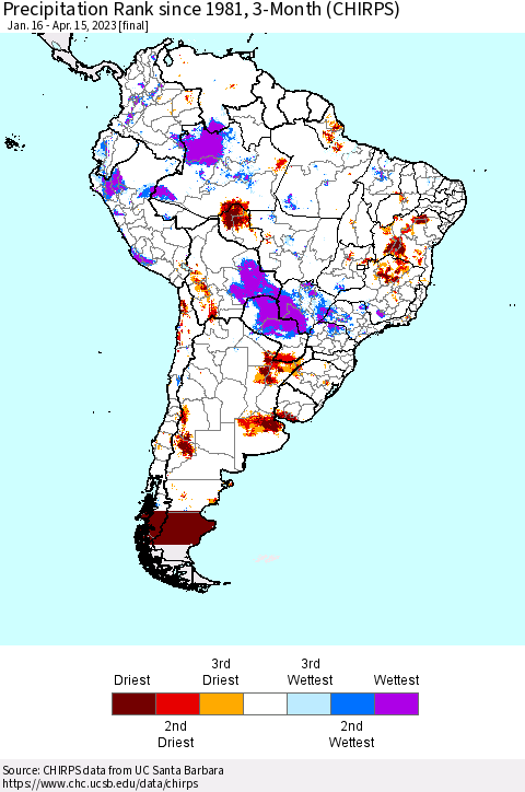 South America Precipitation Rank since 1981, 3-Month (CHIRPS) Thematic Map For 1/16/2023 - 4/15/2023