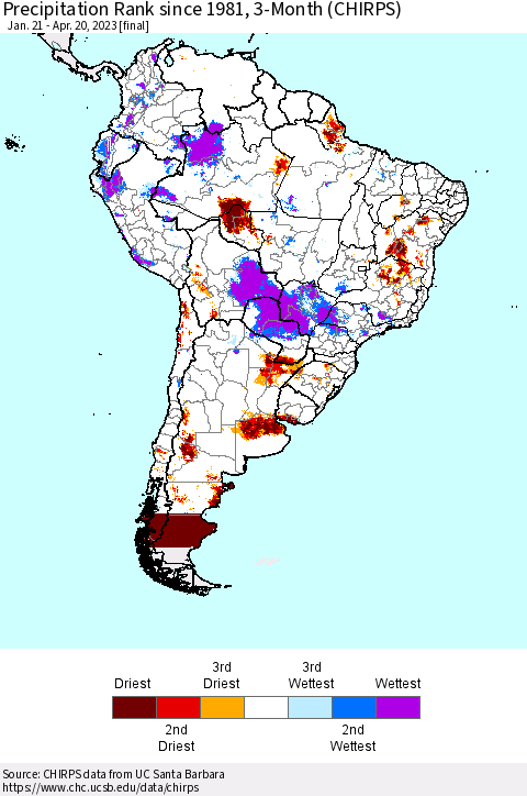 South America Precipitation Rank since 1981, 3-Month (CHIRPS) Thematic Map For 1/21/2023 - 4/20/2023