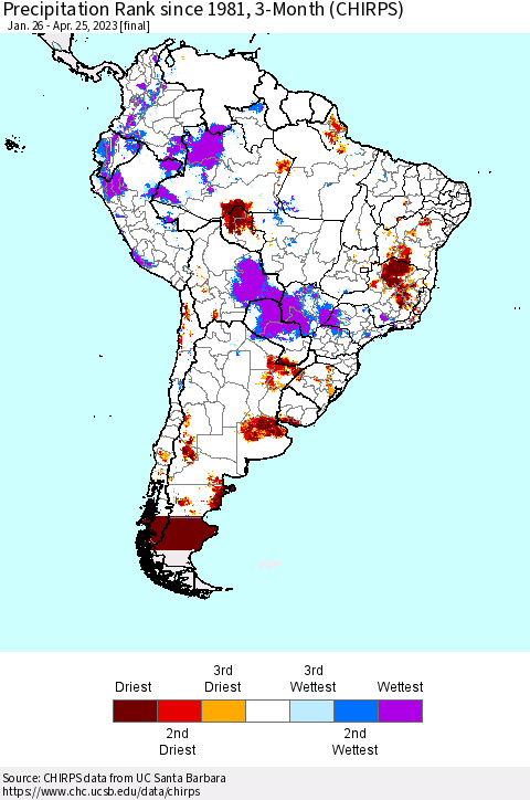 South America Precipitation Rank since 1981, 3-Month (CHIRPS) Thematic Map For 1/26/2023 - 4/25/2023
