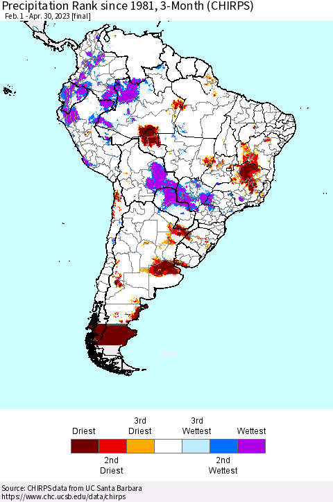 South America Precipitation Rank since 1981, 3-Month (CHIRPS) Thematic Map For 2/1/2023 - 4/30/2023