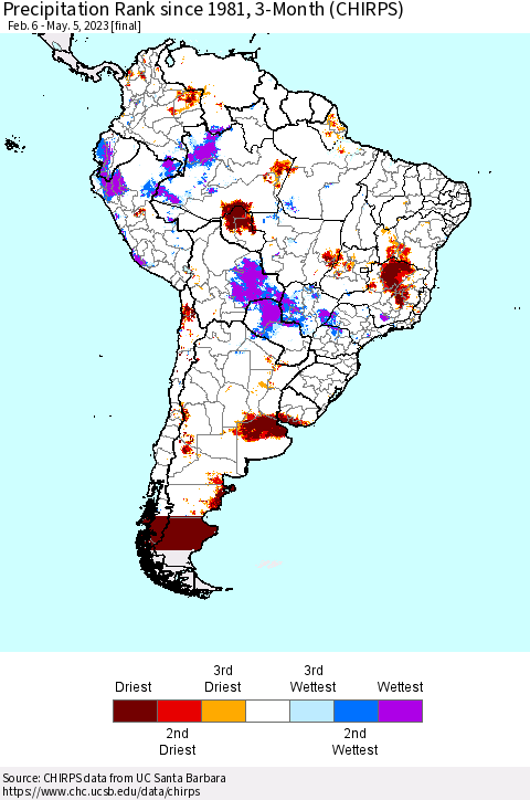 South America Precipitation Rank since 1981, 3-Month (CHIRPS) Thematic Map For 2/6/2023 - 5/5/2023