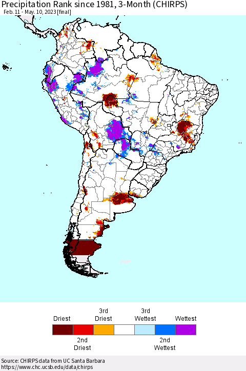 South America Precipitation Rank since 1981, 3-Month (CHIRPS) Thematic Map For 2/11/2023 - 5/10/2023