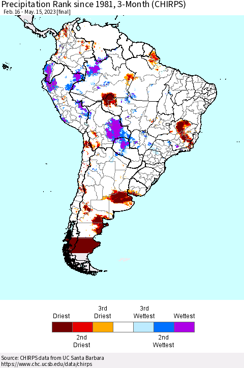 South America Precipitation Rank since 1981, 3-Month (CHIRPS) Thematic Map For 2/16/2023 - 5/15/2023