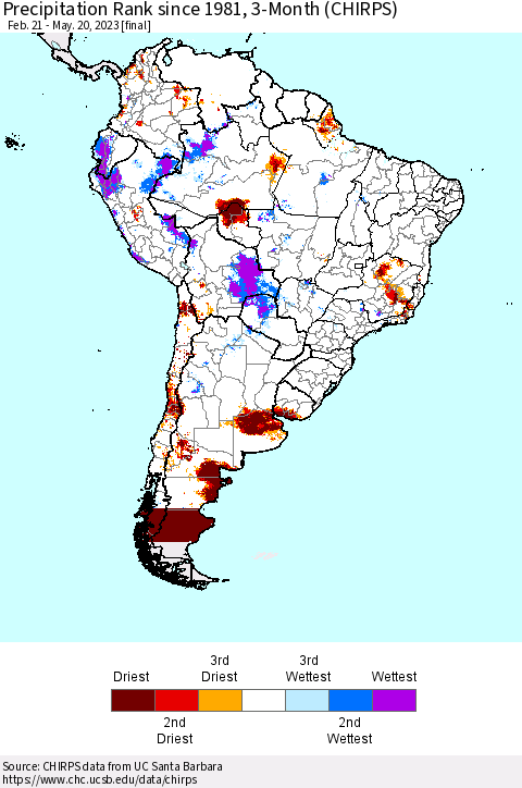 South America Precipitation Rank since 1981, 3-Month (CHIRPS) Thematic Map For 2/21/2023 - 5/20/2023