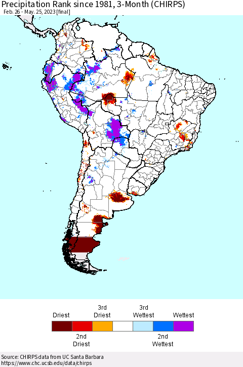 South America Precipitation Rank since 1981, 3-Month (CHIRPS) Thematic Map For 2/26/2023 - 5/25/2023
