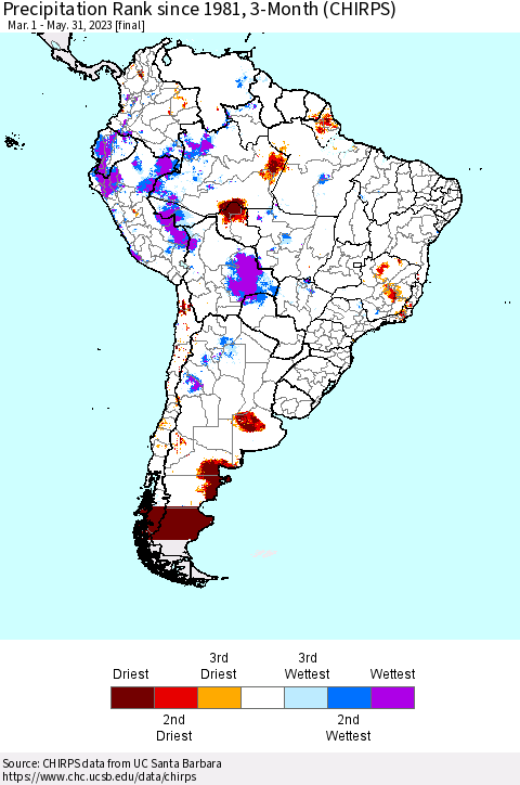 South America Precipitation Rank since 1981, 3-Month (CHIRPS) Thematic Map For 3/1/2023 - 5/31/2023