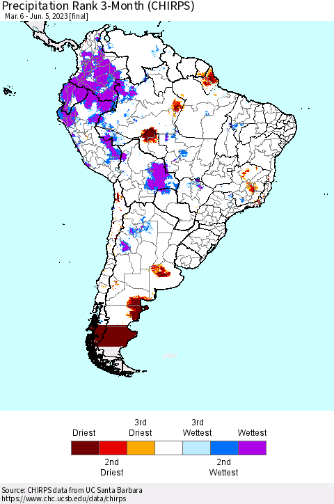 South America Precipitation Rank since 1981, 3-Month (CHIRPS) Thematic Map For 3/6/2023 - 6/5/2023