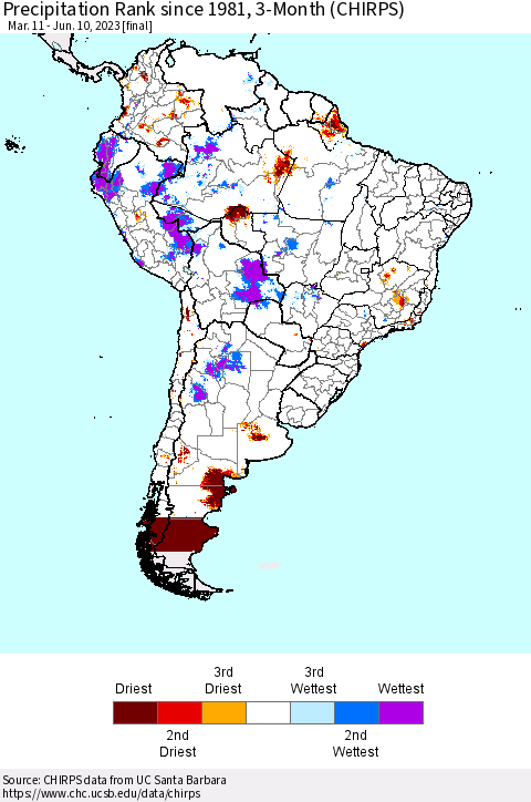 South America Precipitation Rank since 1981, 3-Month (CHIRPS) Thematic Map For 3/11/2023 - 6/10/2023