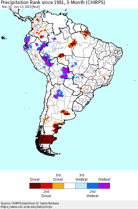 South America Precipitation Rank since 1981, 3-Month (CHIRPS) Thematic Map For 3/16/2023 - 6/15/2023