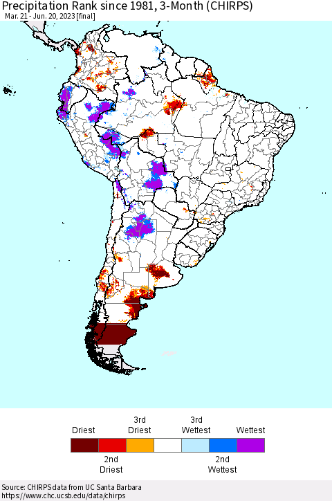 South America Precipitation Rank since 1981, 3-Month (CHIRPS) Thematic Map For 3/21/2023 - 6/20/2023