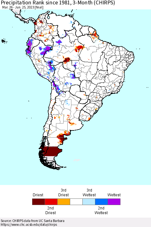 South America Precipitation Rank since 1981, 3-Month (CHIRPS) Thematic Map For 3/26/2023 - 6/25/2023
