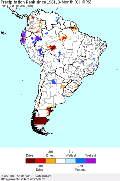 South America Precipitation Rank since 1981, 3-Month (CHIRPS) Thematic Map For 4/1/2023 - 6/30/2023