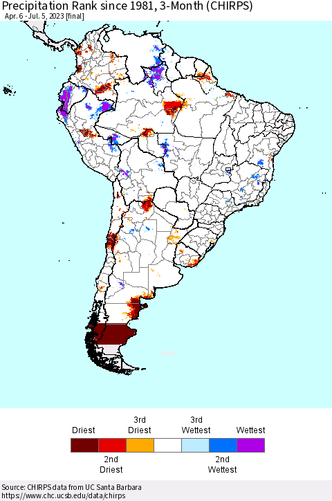 South America Precipitation Rank since 1981, 3-Month (CHIRPS) Thematic Map For 4/6/2023 - 7/5/2023