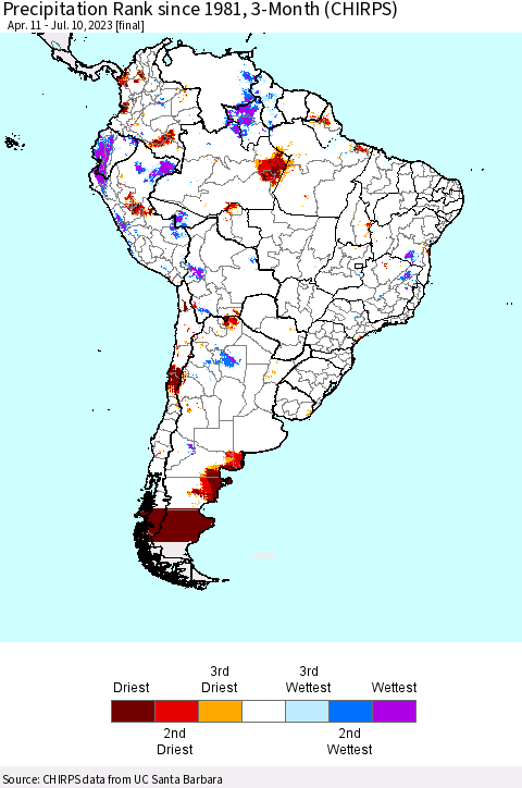 South America Precipitation Rank since 1981, 3-Month (CHIRPS) Thematic Map For 4/11/2023 - 7/10/2023