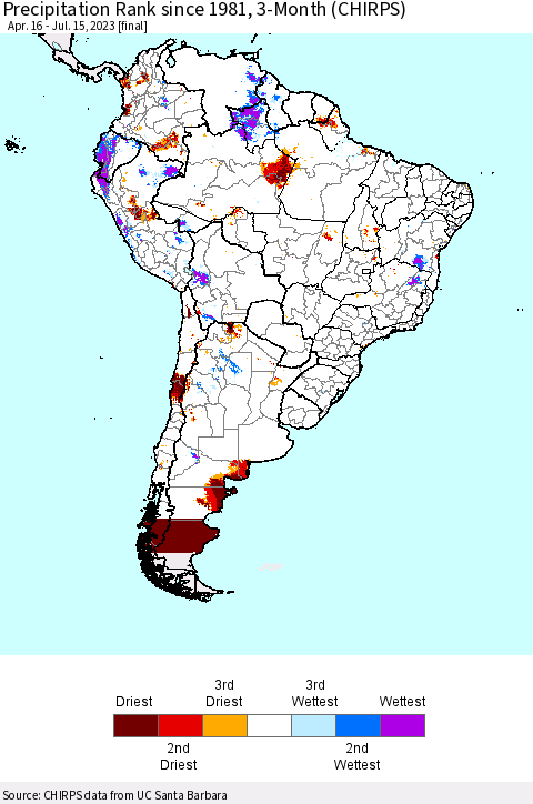 South America Precipitation Rank since 1981, 3-Month (CHIRPS) Thematic Map For 4/16/2023 - 7/15/2023