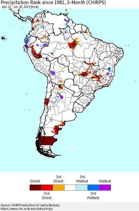 South America Precipitation Rank since 1981, 3-Month (CHIRPS) Thematic Map For 4/21/2023 - 7/20/2023
