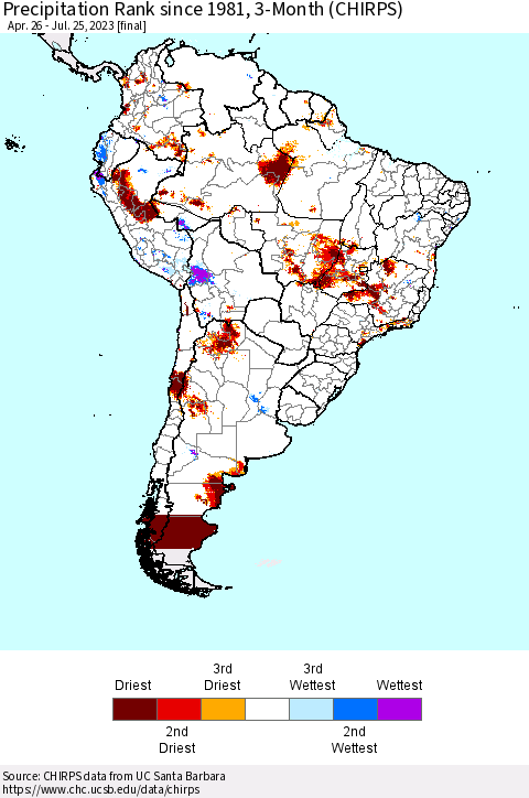 South America Precipitation Rank since 1981, 3-Month (CHIRPS) Thematic Map For 4/26/2023 - 7/25/2023