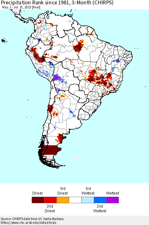 South America Precipitation Rank since 1981, 3-Month (CHIRPS) Thematic Map For 5/1/2023 - 7/31/2023