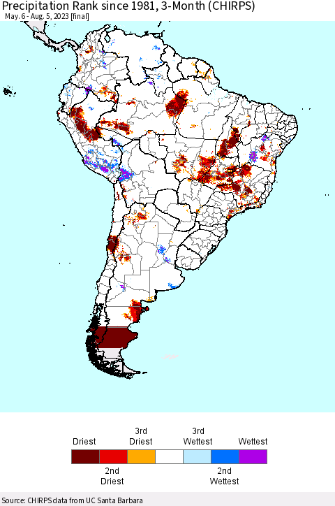 South America Precipitation Rank since 1981, 3-Month (CHIRPS) Thematic Map For 5/6/2023 - 8/5/2023