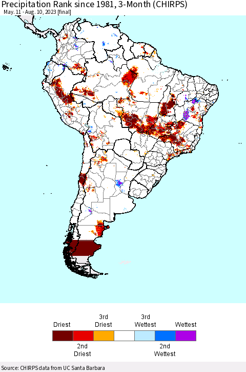 South America Precipitation Rank since 1981, 3-Month (CHIRPS) Thematic Map For 5/11/2023 - 8/10/2023