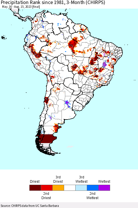 South America Precipitation Rank since 1981, 3-Month (CHIRPS) Thematic Map For 5/16/2023 - 8/15/2023